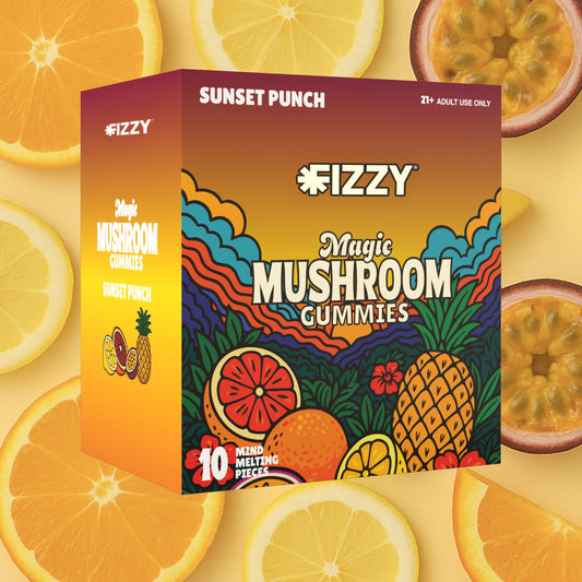Fizzy Mushroom Sunset Punch Flavor 10 Gummy 10 Pack Case Sunset Punch Background