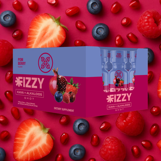 Fizzy KavaPOM Berry Flavor 150mg 12 Bottle Case POM Berry Background