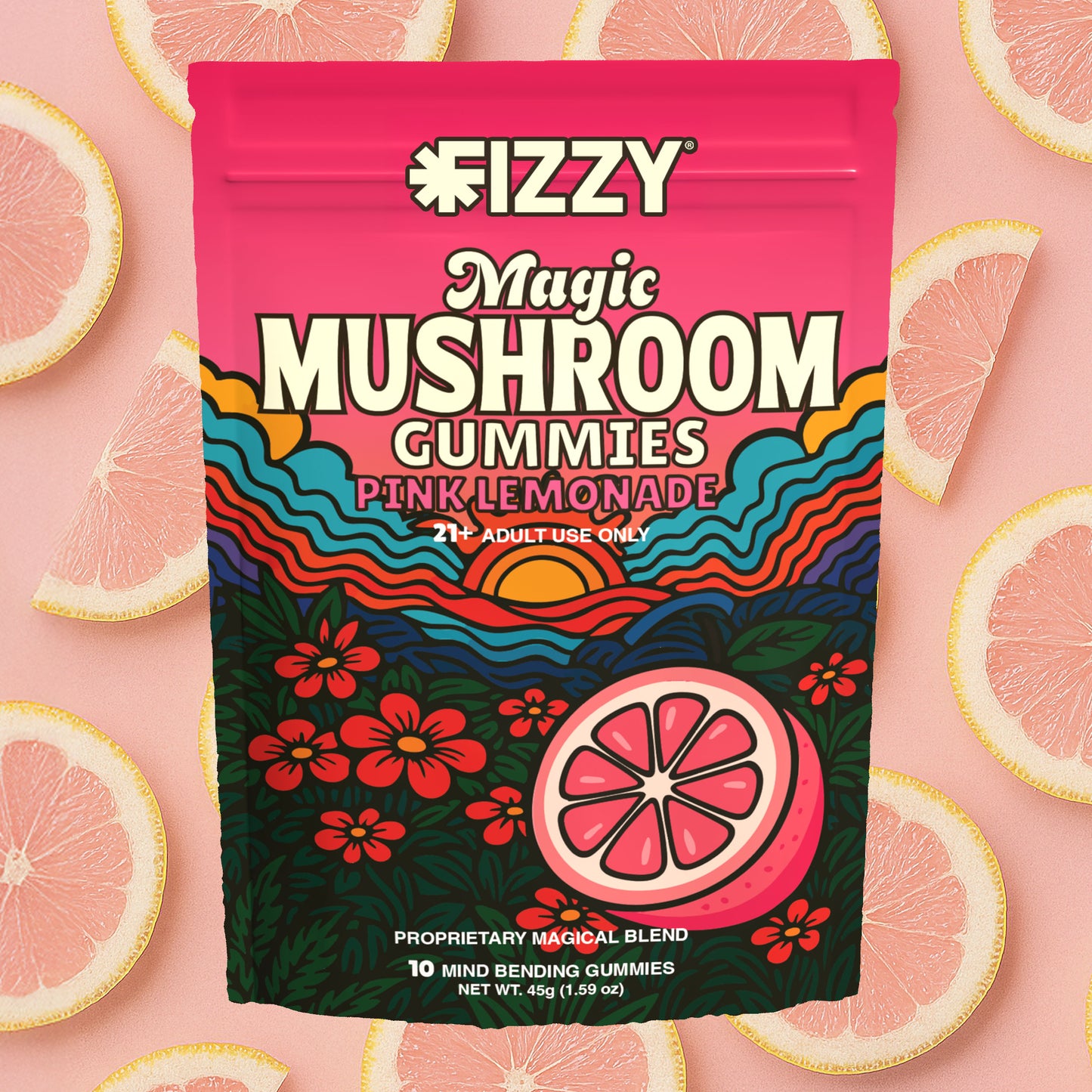 Fizzy Mushroom Pink Lemonade Flavor 10 Gummy Package Pink Lemonade Background