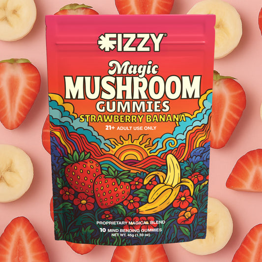 Fizzy Mushroom Strawberry Banana Flavor 10 Gummy Package Strawberry Banana Background