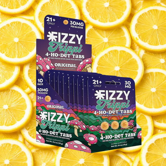 Fizzy Trippi Original Flavor 30mg 3 Tab 10 Pack Case Lemon Background
