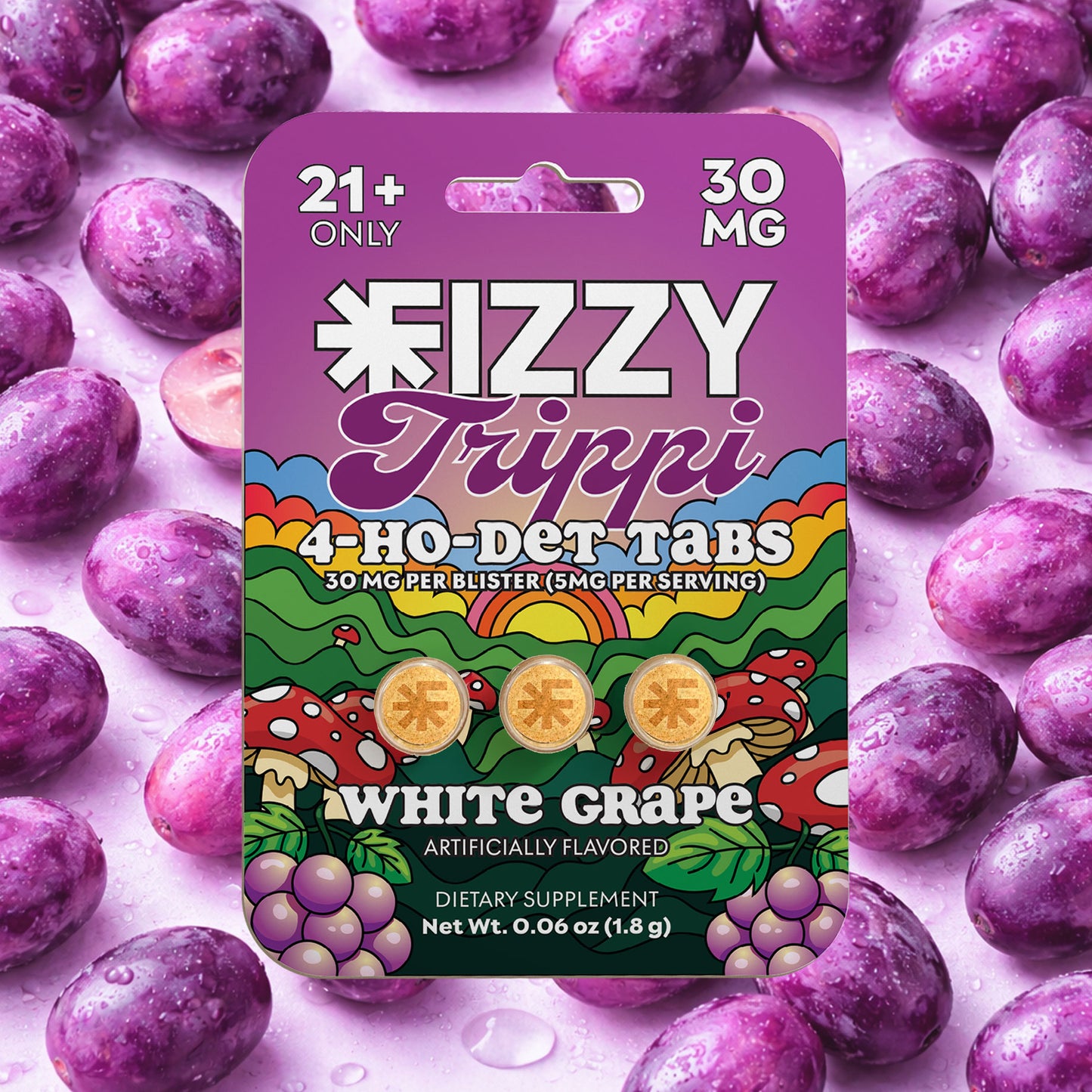 Fizzy Trippi White Grape Flavor 30mg 3 Tab Package Grape Background