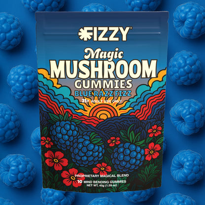 Fizzy Mushroom Blue Razz Fizz Flavor 10 Gummy Package Blue Razz Fizz Background
