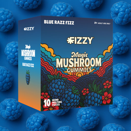 Fizzy Mushroom Blue Razz Fizz Flavor 10 Gummy 10 Pack Case BLue Razz Fizz Background