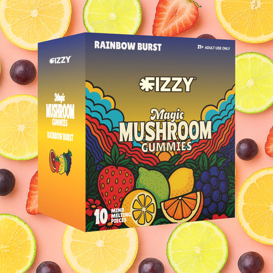 Fizzy Mushroom Rainbow Burst Flavor 10 Gummy 10 Pack Case Rainbow Burst Background