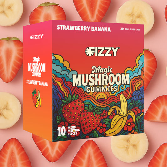 Fizzy Mushroom Strawberry Banana Flavor 10 Gummy 10 Pack Case Strawberry Banana Background
