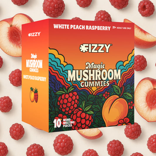 Fizzy Mushroom White Peach Raspberry Flavor 10 Gummy 10 Pack White Peach Rasp Caseerry Background