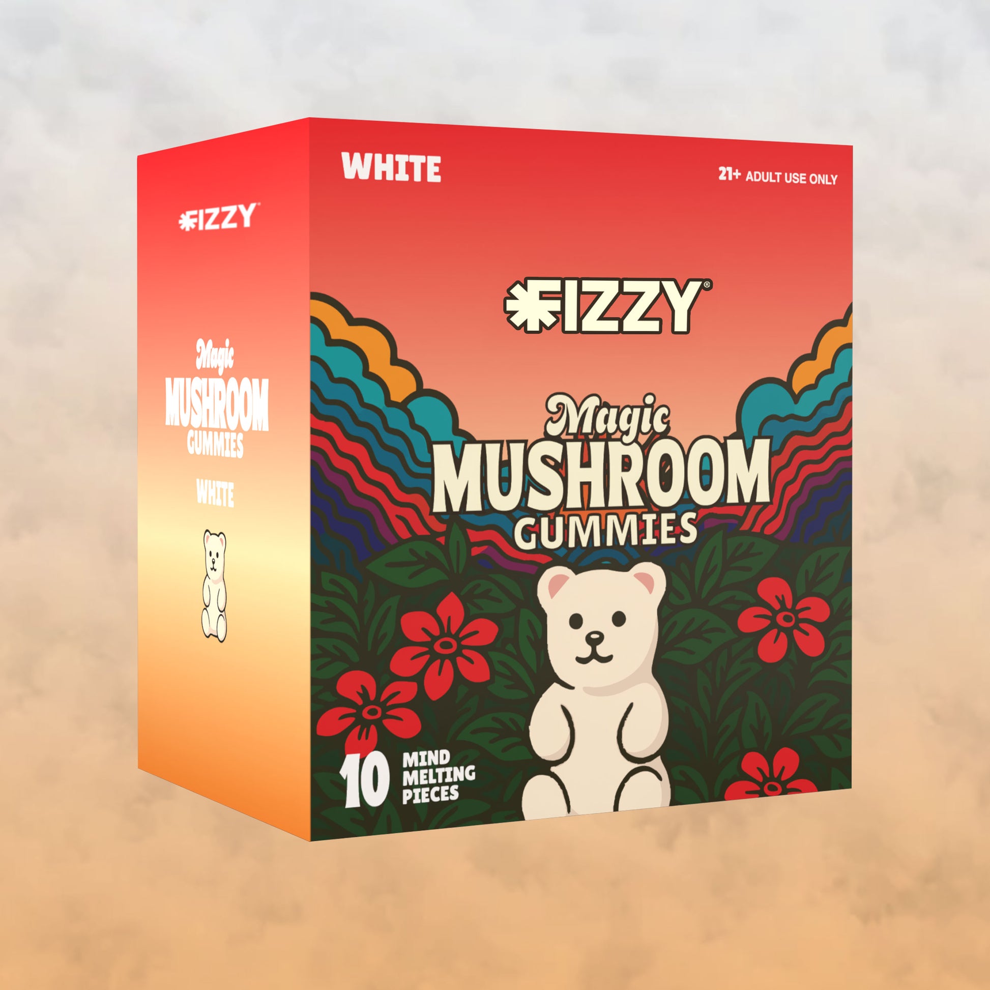 Fizzy Mushroom White Flavor 10 Gummy 10 Pack Case Background