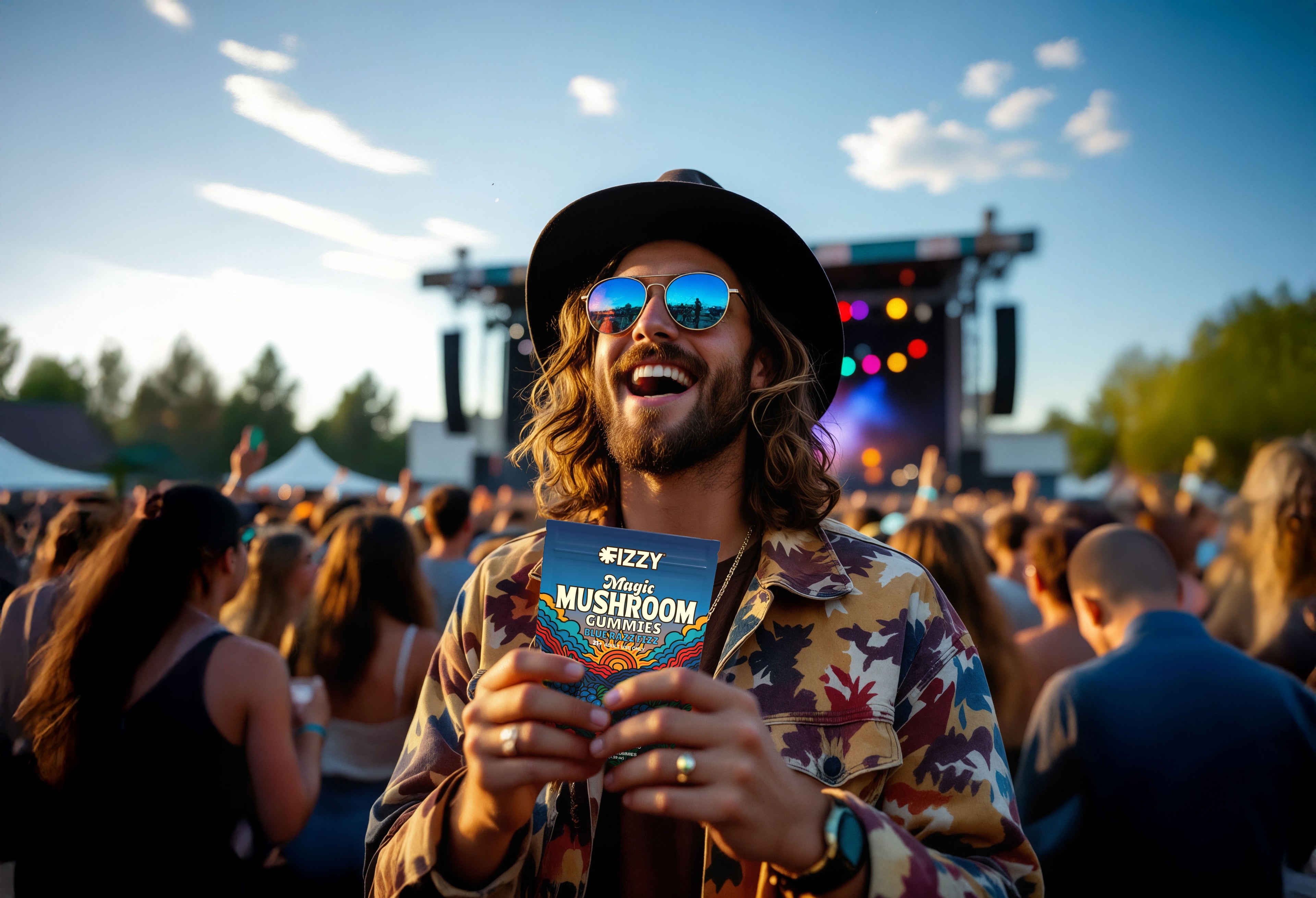 Fizzy Blue Razz Fizz Mushroom Gummies at a music festival