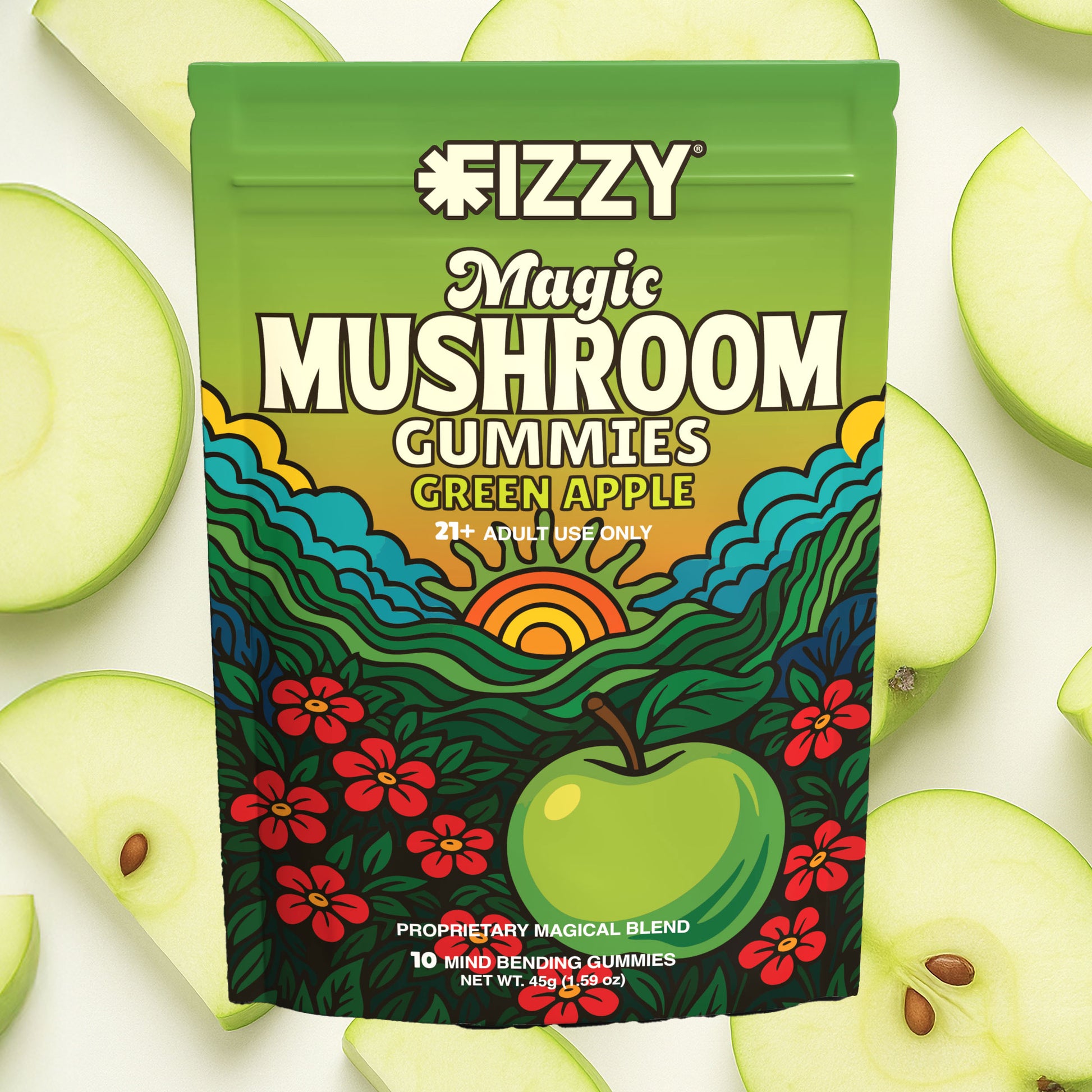 Fizzy Mushroom Green Apple Flavor 10 Gummy Package Green Apple Background