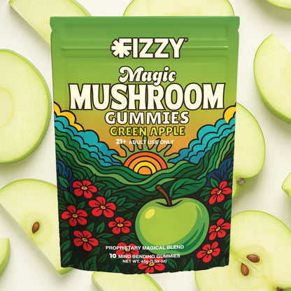Fizzy Mushroom Green Apple Flavor 10 Gummy Package Green Apple Background