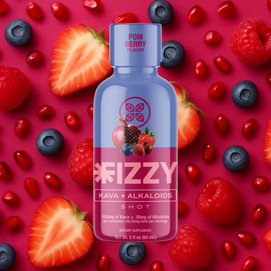 Fizzy KavaPOM Berry Flavor 150mg Bottle POM Berry Background