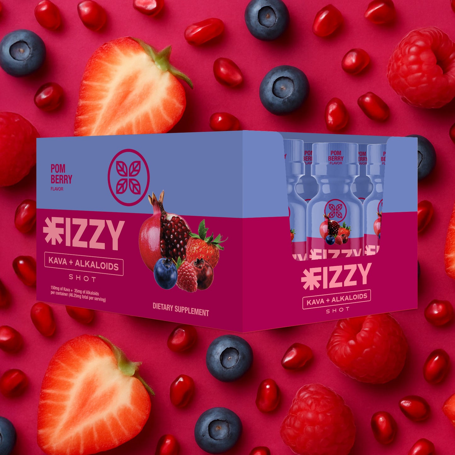 Fizzy KavaPOM Berry Flavor 150mg 12 Bottle Case POM Berry Background