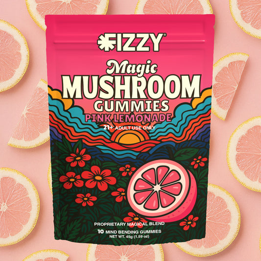 Fizzy Mushroom Pink Lemonade Flavor 10 Gummy Package Pink Lemonade Background