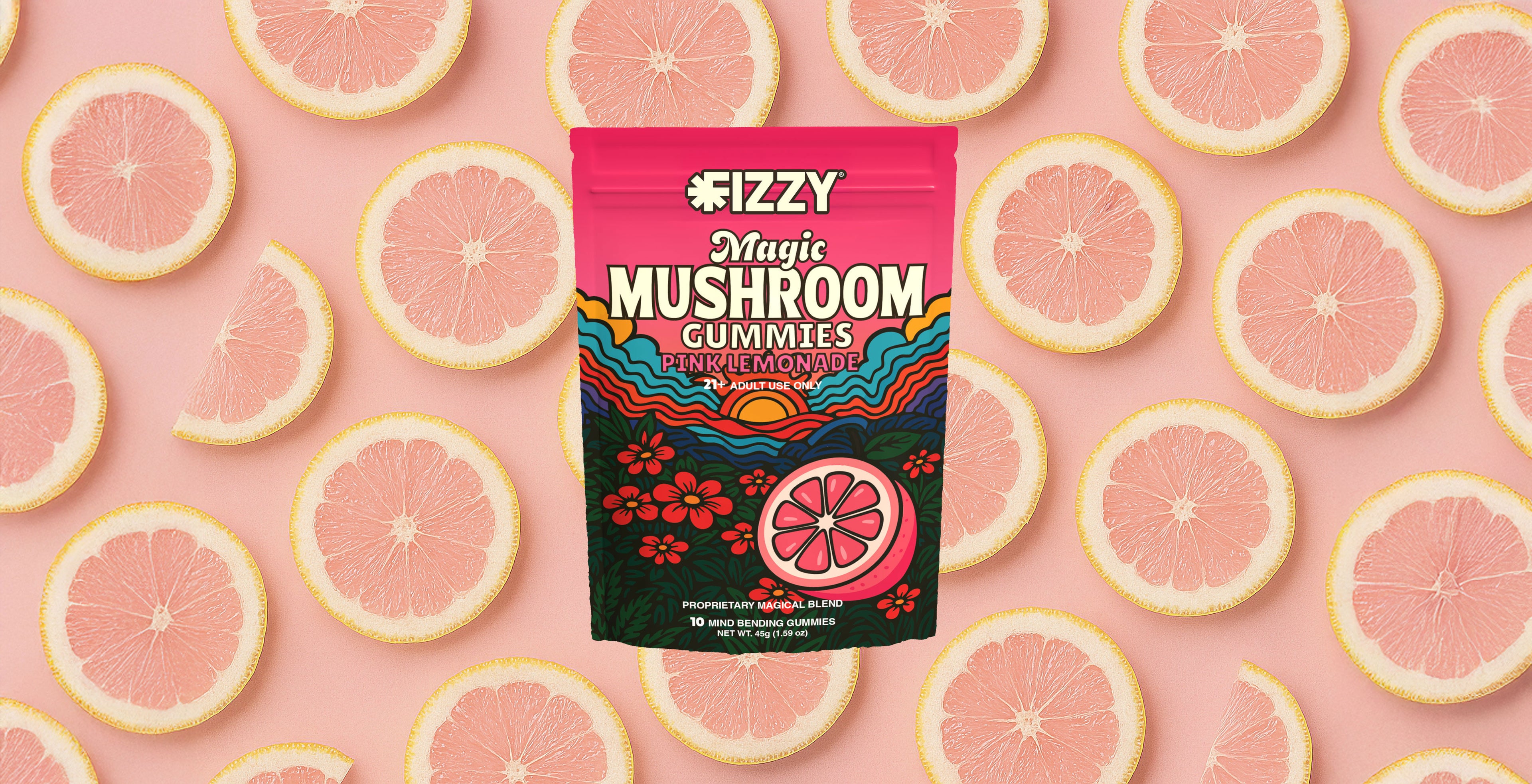 Fizzy Pink LemonadeMushroom Gummies Header Background