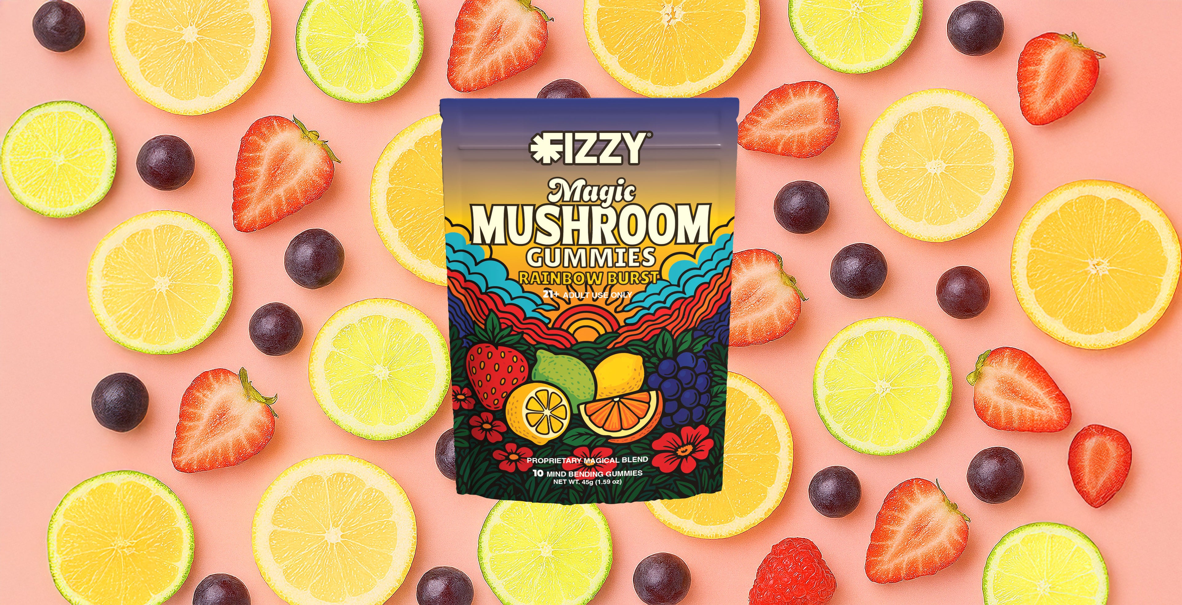 Fizzy Rainbow Burst Mushroom Gummies Header Background