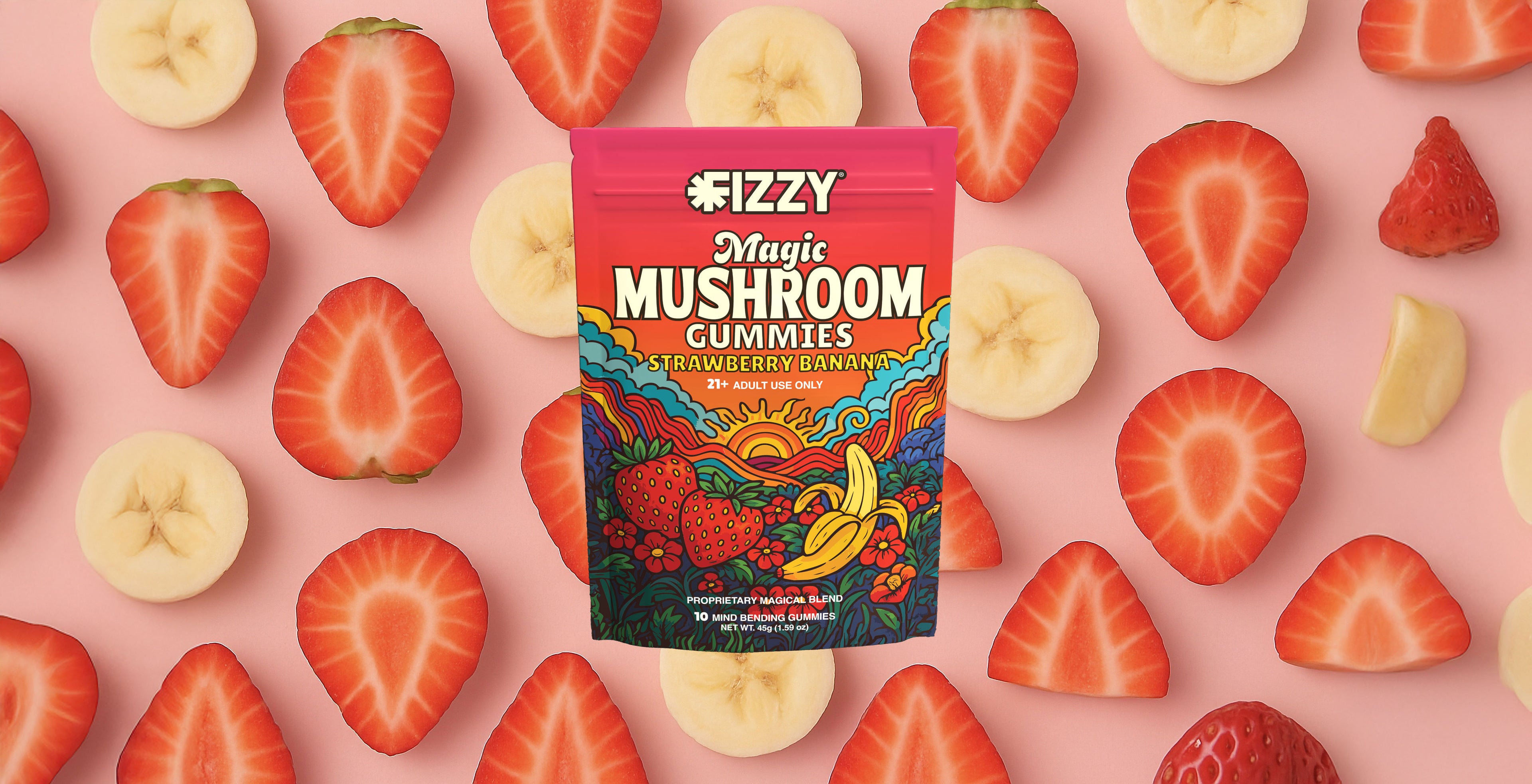Fizzy Strawberry Banana Mushroom Gummies Header Background