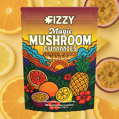 Fizzy Mushroom Sunset Punch Flavor 10 Gummy Package Fruit Background