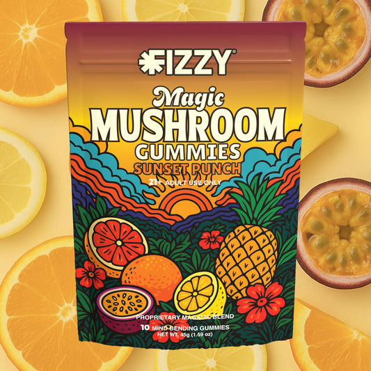 Fizzy Mushroom Sunset Punch Flavor 10 Gummy Package Fruit Background