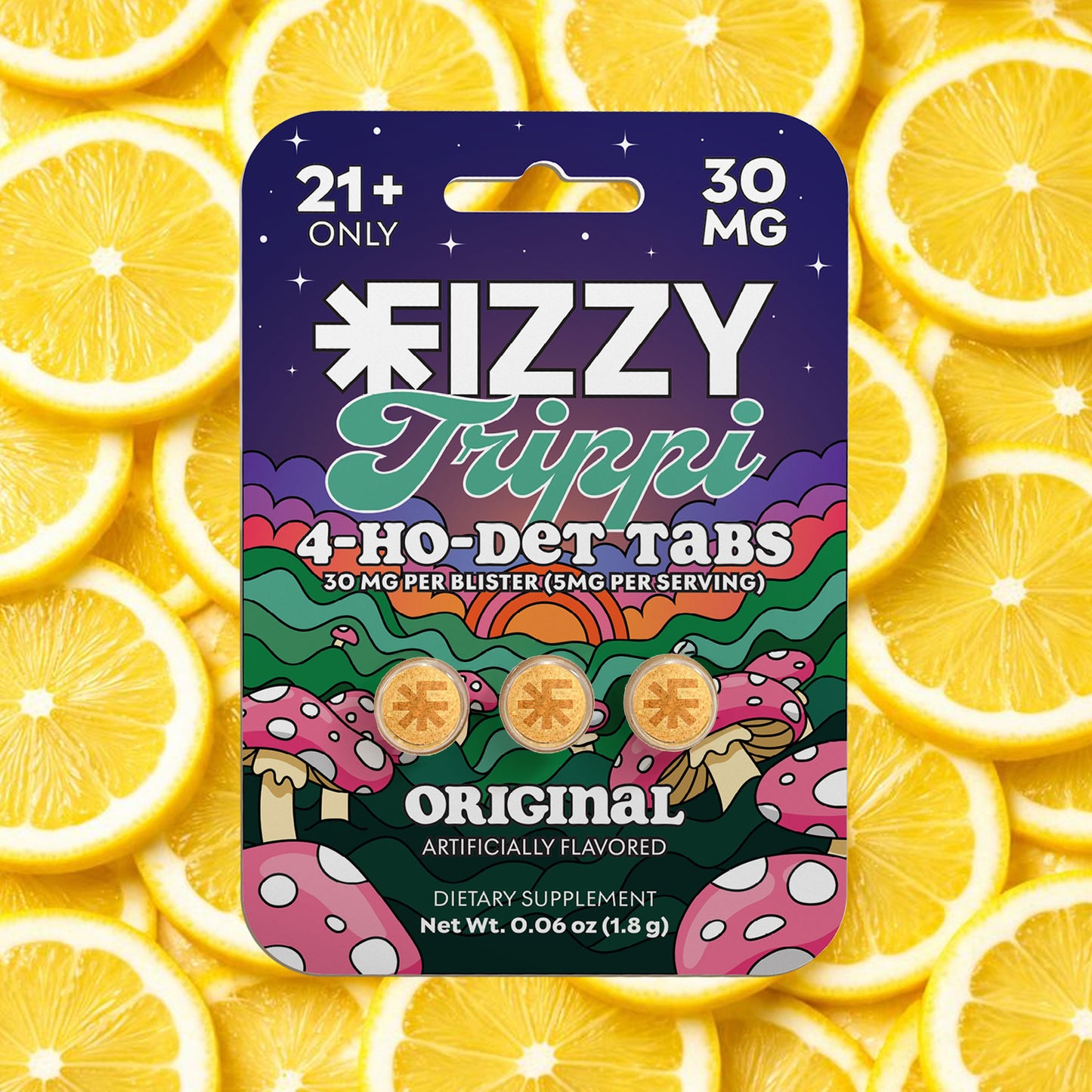 Fizzy Trippi Original Flavor 30mg 3 Tab Package Lemon Background