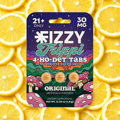 Fizzy Trippi Original Flavor 30mg 3 Tab Package Lemon Background