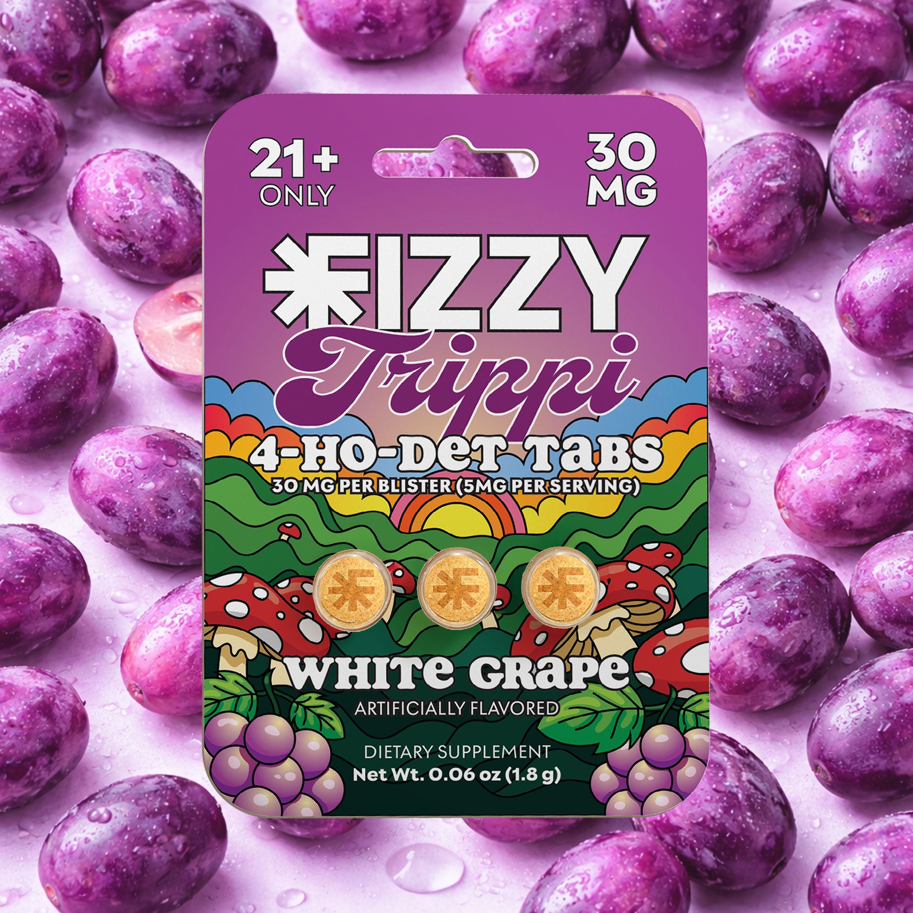 Fizzy Trippi White Grape Flavor 30mg 3 Tab Package Grape Background