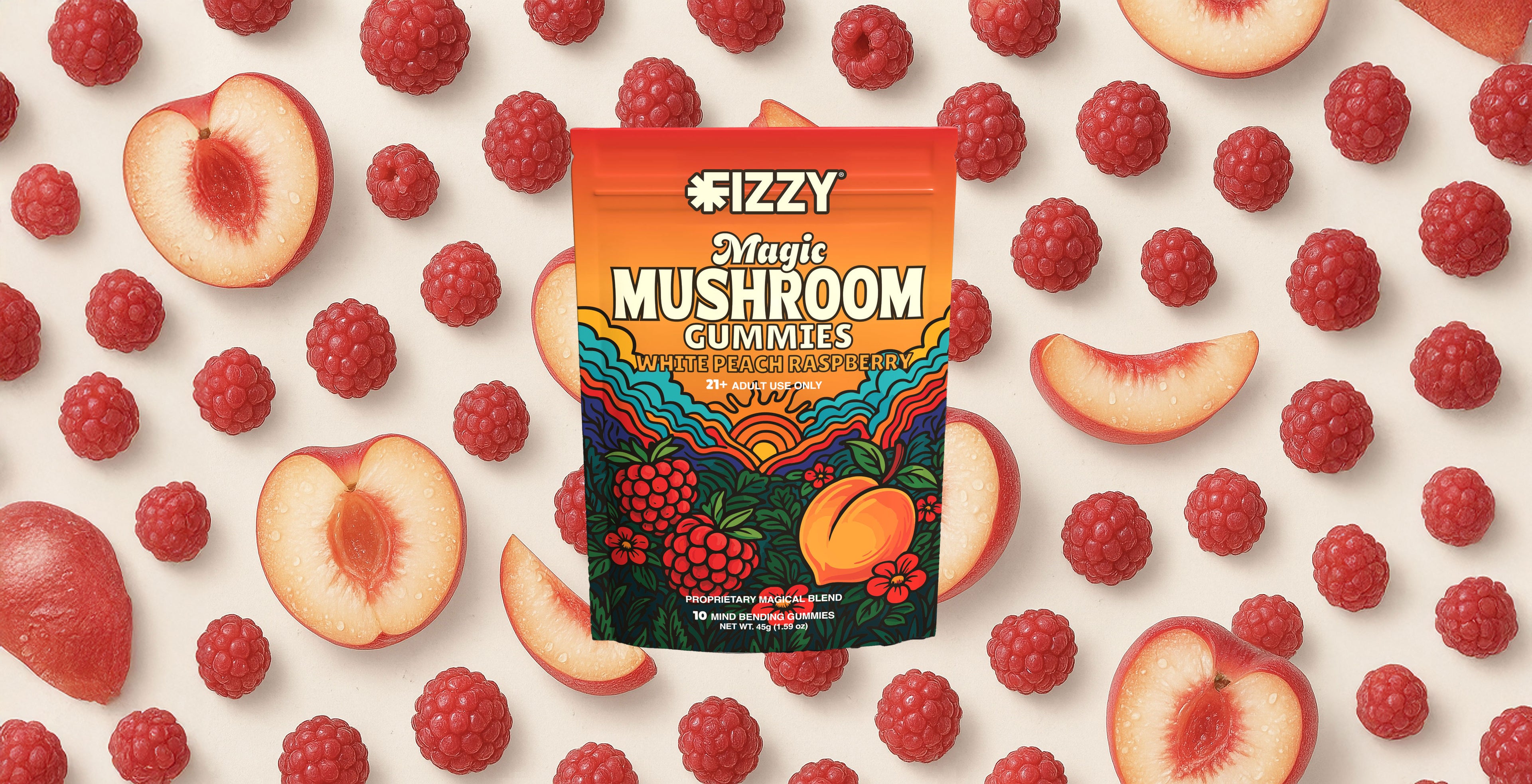Fizzy White Peach Raspberry Mushroom Gummies Header Background